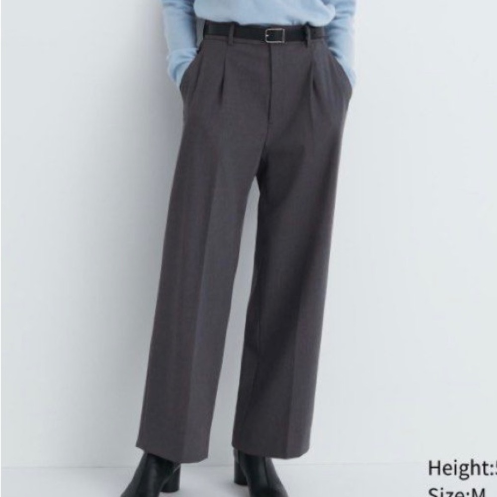 Uniqlo Herringbone Wool Blended Wide Leg Grey Trousers